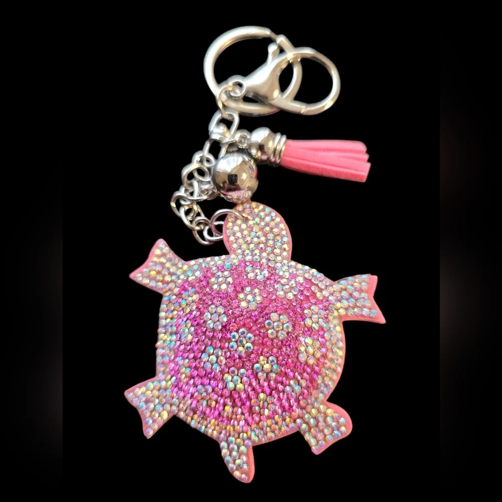 Pink Turtle Bag Charm Keychain with Rhinestones